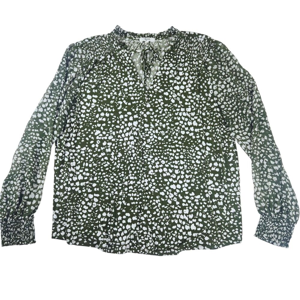 Beacon Apparel 3x Green & White Cheetah Blouse - Sheer Sleeves & Smocked Accents